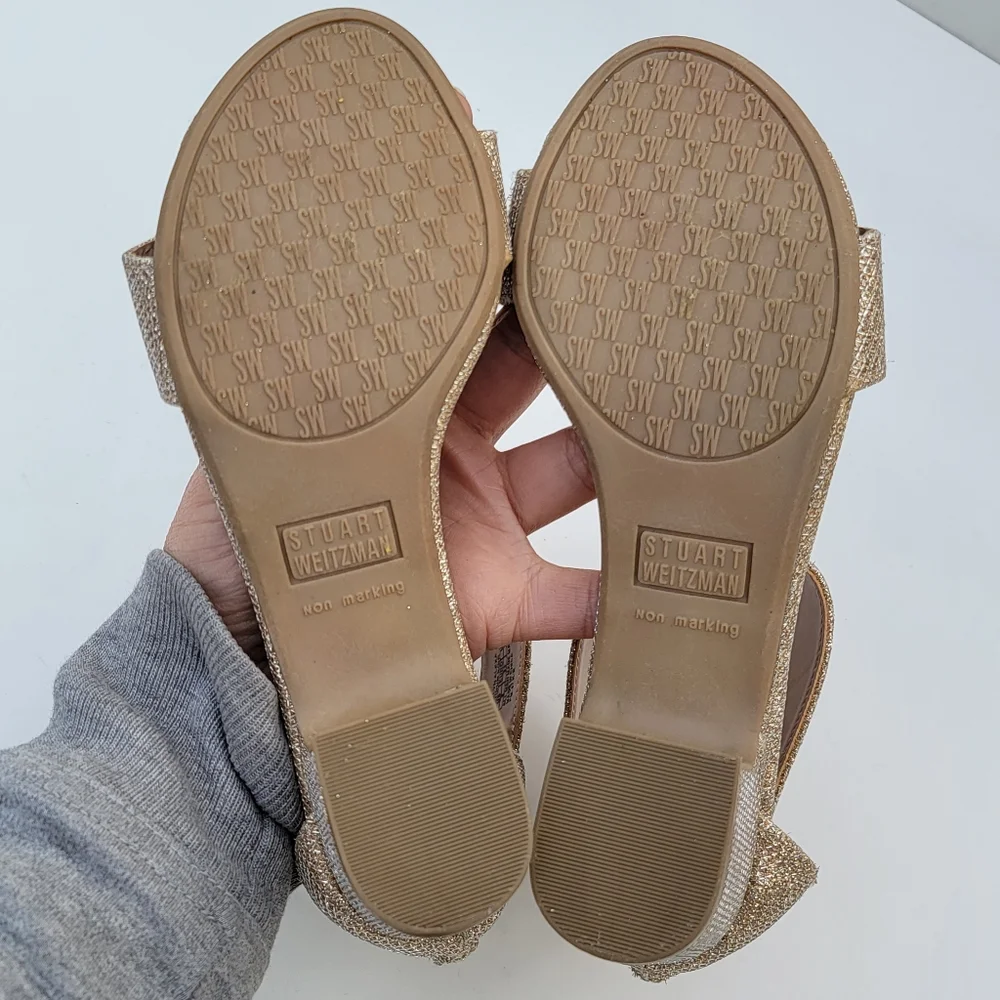 Stuart Weitzman | Rosalyn Alexa Anklestrap Gold glitter open toe heels Size 2